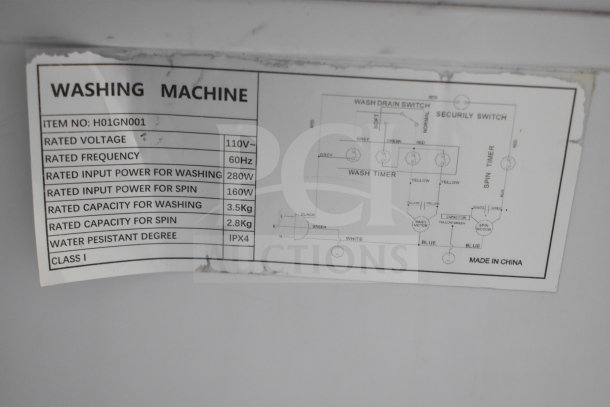 H01GN001 Washing Machine label, 110V, 60Hz, 280W wash, 160W spin, 3.5kg wash capacity, IPX4 water resistance, Class I.
