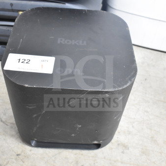 Onn 100002420 Roku Wireless Subwoofer, black, surface scratches, auction tag "122", enhancing low-frequency audio.