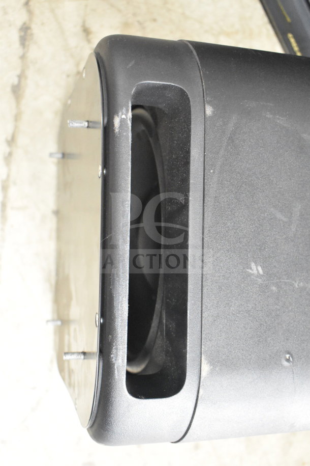 Onn 100002420 Roku Wireless Subwoofer in black, featuring a front ported design and some visible wear.