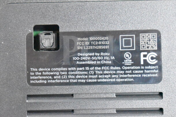 Onn 100002420 Roku Wireless Subwoofer label, showing model, FCC ID, and UL certification, assembled in China.