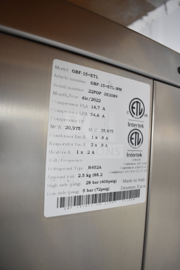 2022 Desmon GBF-15+ETL stainless steel blast chiller, shock freezer with 4 probes. Model information label visible.