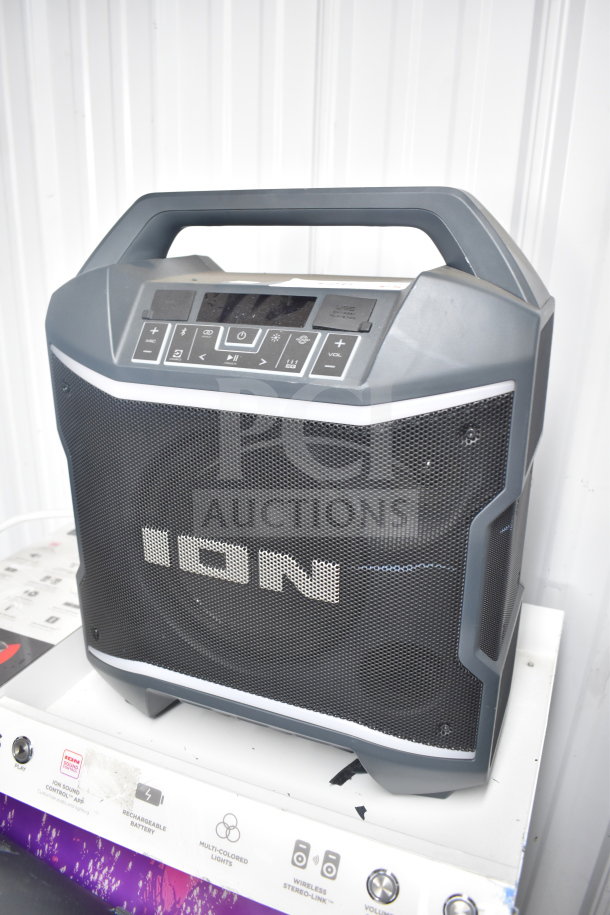Ion Party Boom Plus speaker, used, with control panel, sturdy handle, mesh grille, and visible brand label.