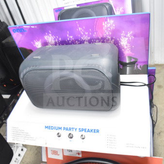 Onn Medium Party Speaker store display. Features Bluetooth, IPX7 waterproof, 200 watts. Includes original packaging.