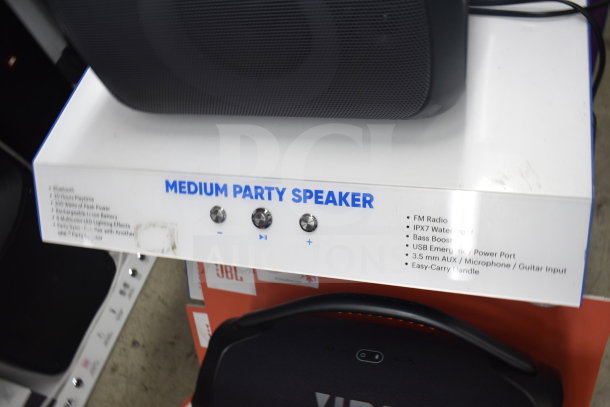 Onn Medium Party Speaker with Bluetooth, IPX7 waterproof, FM radio, bass boost, AUX input, and USB port. Store display.