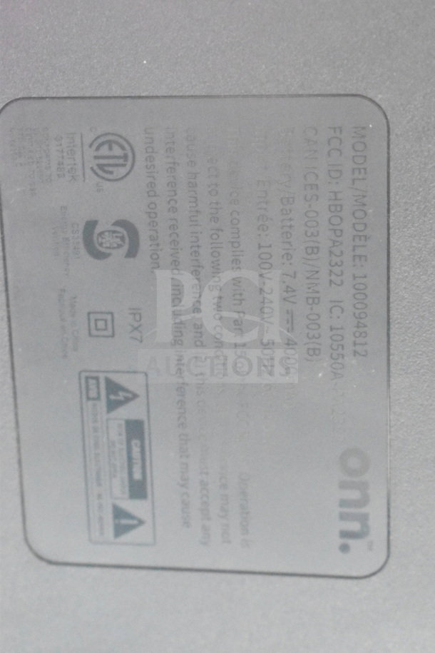 Label on Onn Medium Party Speaker, Model 100094812. Includes FCC ID HBOPA2332, IC 10550A-2332, 7.4V 4000mAh battery.