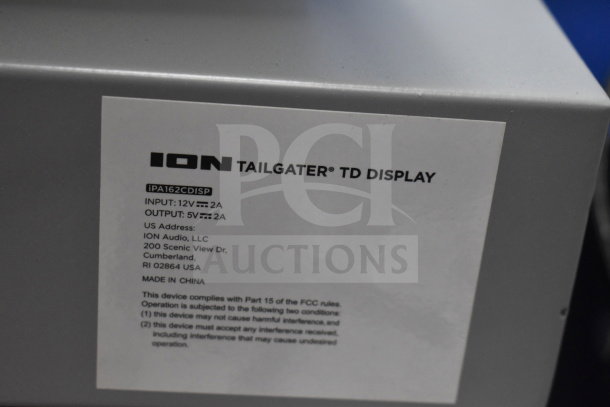 ION Tailgater TD Display with model iPA162CDISP. Inputs 12V 2A, outputs 5V 2A. Made in China, from ION Audio, LLC.