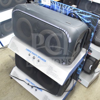Onn Large Party Speaker display, featuring two units. Visible tags indicate model and features. Ideal for parties.