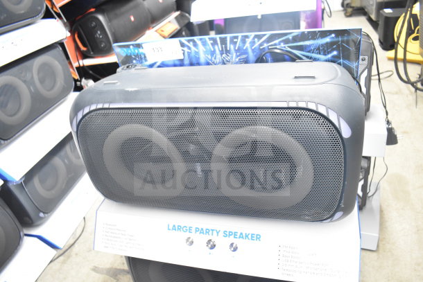 Onn large party speaker display, featuring dual woofers, Bluetooth, and bass boost. Store display unit, excellent condition.