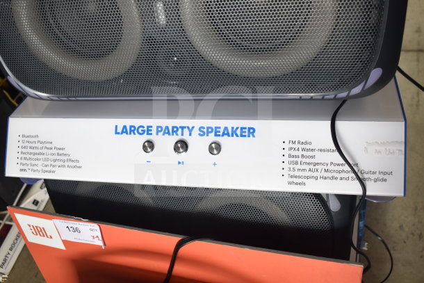 Onn Large Party Speaker with Bluetooth, 640W peak power, 12hrs playtime, LED effects, IPX4 water resistance, USB port.