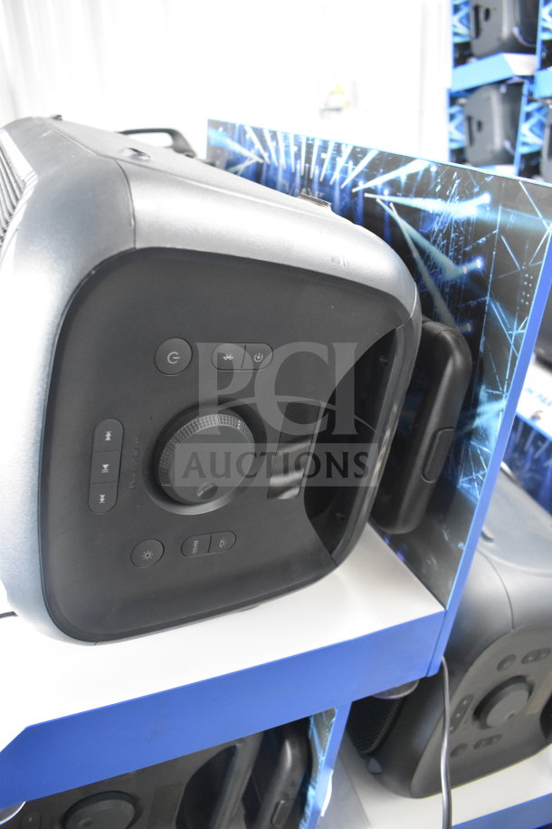 5 Onn Large Party Speakers on display, featuring control panel with volume and playback buttons. Excellent condition, ideal for events.