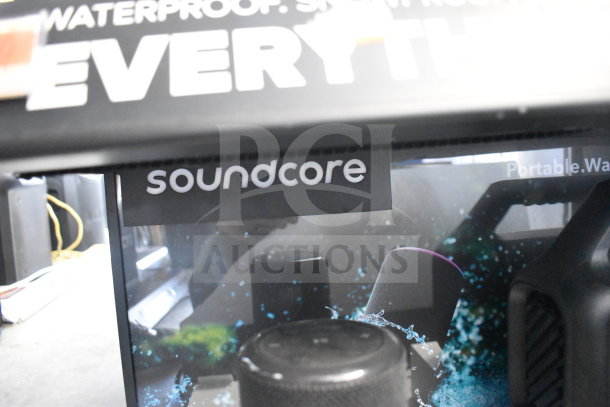 Soundcore 2 store display with Hydrajet Hydramotion speaker. Features waterproof design. Includes promotional signage.