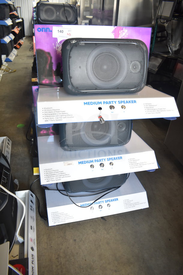 Onn medium party speaker display, three units, Bluetooth, 20-hour playtime, 200 watts peak, LED effects, new condition.
