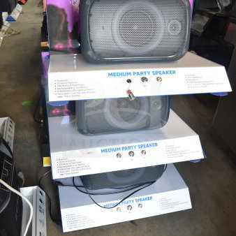 Onn medium party speaker display, three units, Bluetooth, 20-hour playtime, 200 watts peak, LED effects, new condition.