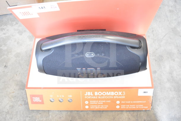 JBL Boombox 3 portable Bluetooth speaker display, featuring massive sound, IP67 waterproof rating, and 24-hour playtime.