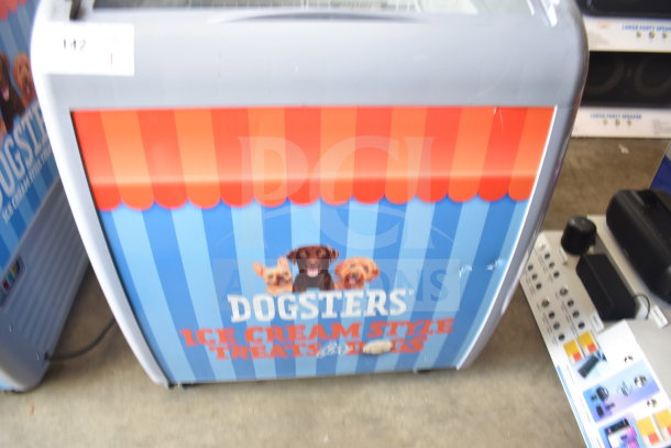 Commercial chest freezer merchandiser with "Dogsters Ice Cream Style Treats for Dogs" graphic, 115 volts, 1 phase.