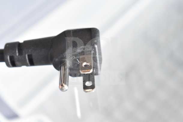 Commercial chest freezer plug, 115 volts, 1 phase. Black, three-prong plug. Power connection for merchandiser.