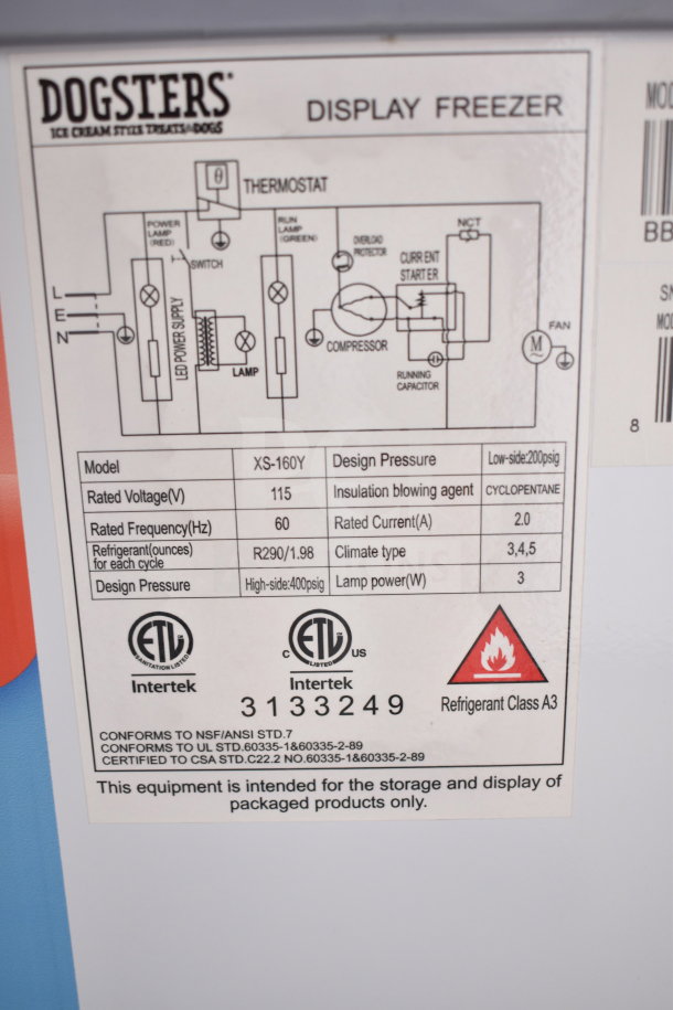 Commercial chest freezer merchandiser, 115V, 1 phase. Dogsters brand, XS-160Y model, ETL certified, uses refrigerant R290.