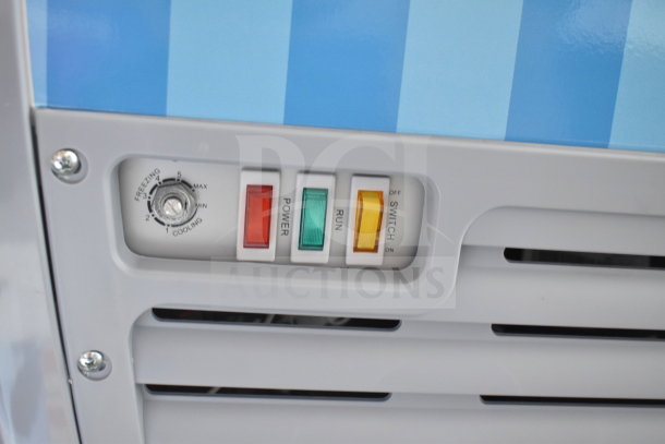 XS-160Y Commercial Chest Freezer control panel with temperature dial and power, run, switch indicators. 115 Volts, 1 Phase.