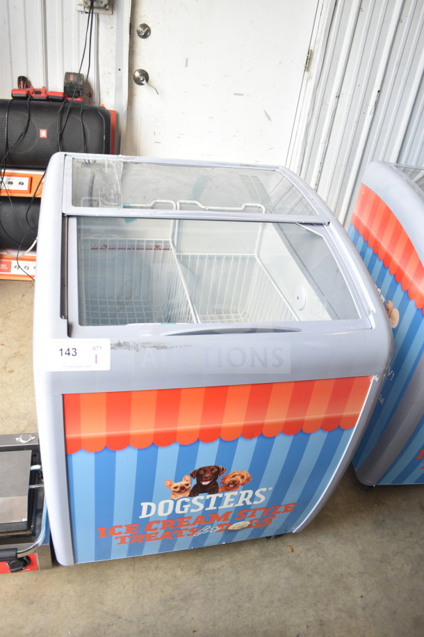 XS-160Y Commercial Chest Freezer Merchandiser, featuring sliding glass top, 115V, 1 Phase. "Dogsters" branding on front panel.