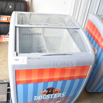 XS-160Y Commercial Chest Freezer Merchandiser, featuring sliding glass top, 115V, 1 Phase. "Dogsters" branding on front panel.
