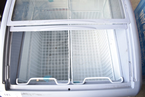 XS-160Y Commercial Chest Freezer Merchandiser, dual glass doors, metal baskets, 115V, 1 Phase, used condition.