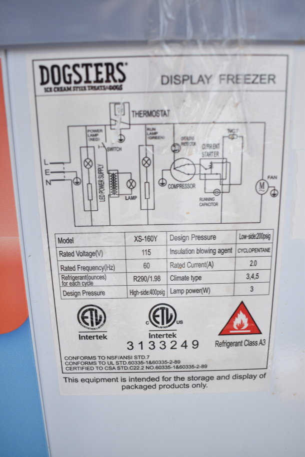 XS-160Y Display Freezer label with electrical diagram. Rated 115V, 1 Phase. Uses R290 refrigerant. ETV certified by Intertek.