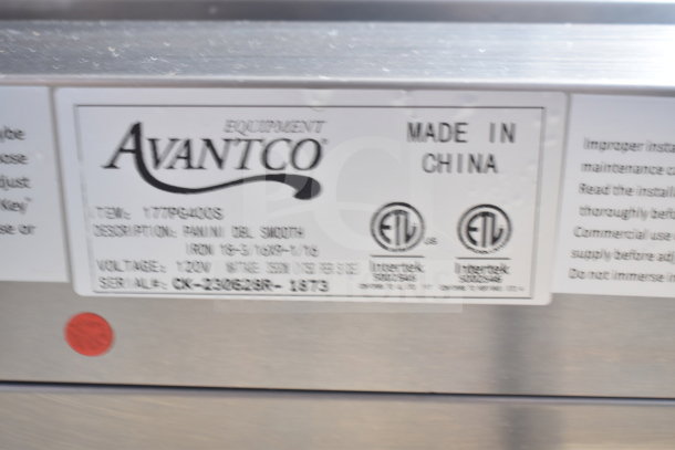 2023 Avantco 177PG400S double panini press label, voltage 120V, made in China, ETL certified, serial CK-230623R-1973.
