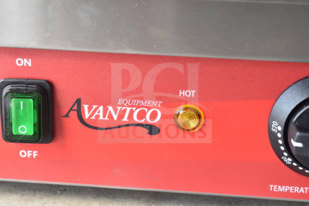 2023 Avantco 177PG400S Panini Press, red control panel with power switch and temperature dial, 120V, 1 phase.