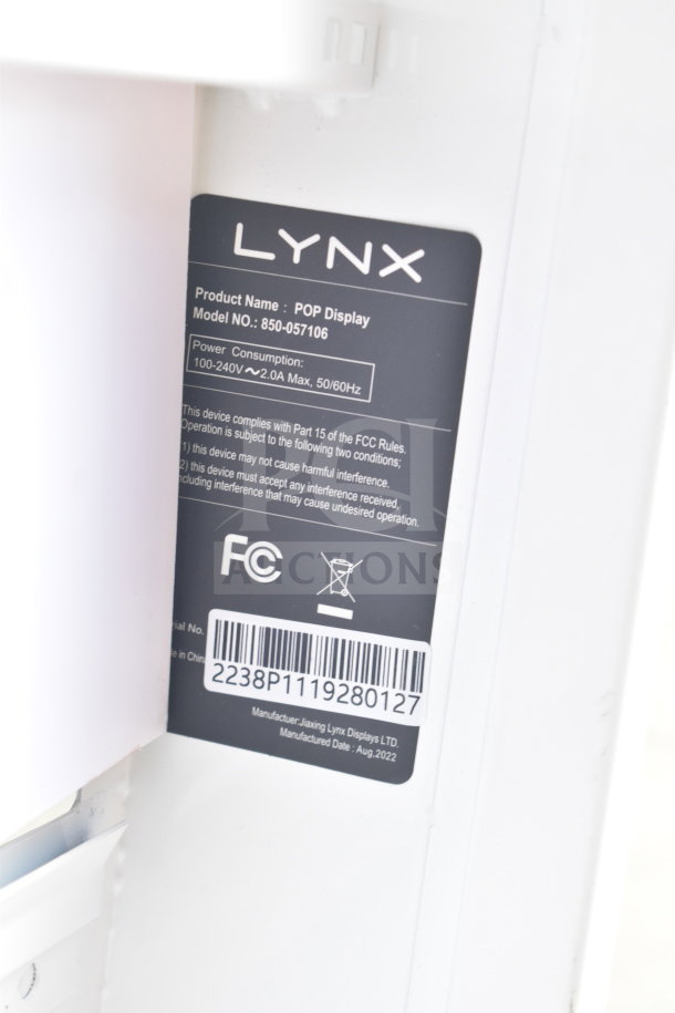 Lynx POP Display label, Model No. 850-057106, showing power info and FCC compliance. Manufactured August 2022.
