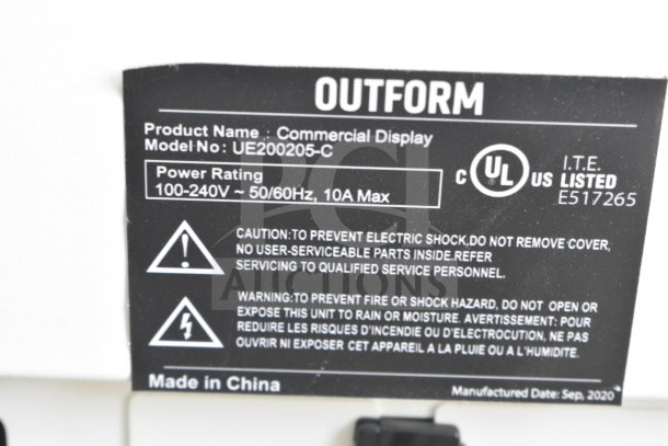 Outform UE200205-C commercial display tag, indicating model number, power rating, safety warnings, and manufacture date.
