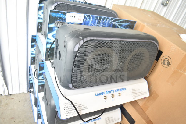 6 Onn Large Party Speakers, store display, in good condition. Features Bluetooth, 640W, rechargeable battery, multicolor lights.