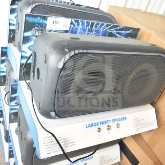 6 Onn Large Party Speakers, store display, in good condition. Features Bluetooth, 640W, rechargeable battery, multicolor lights.