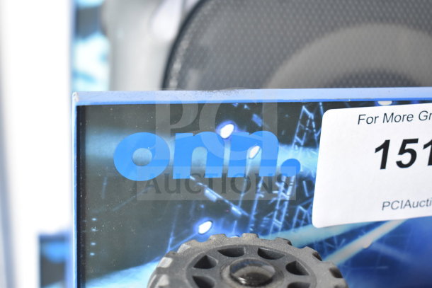 Display of Onn large party speaker, featuring blue branding on packaging. Includes six units for auction.