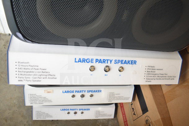 Onn Large Party Speaker display with Bluetooth, 12-hour playtime, 640W power, LED effects, and various input options.