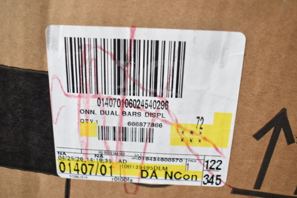 Store display box showing label for Onn Dual Bars Display, barcode, and item code, indicating speaker and soundbar set.