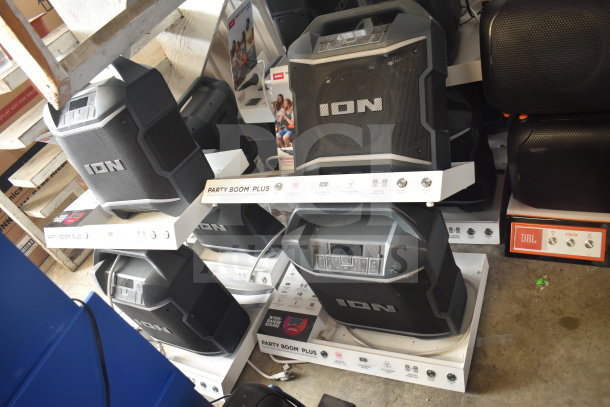 5 Ion Party Boom Plus speakers on display, featuring robust design and enhanced sound capabilities. New condition.