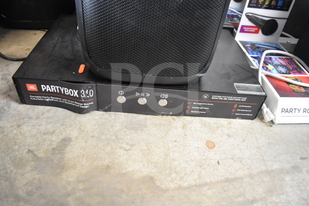 JBL Partybox 310 speaker display, featuring portable design, sound and light show customization, volume and play controls.