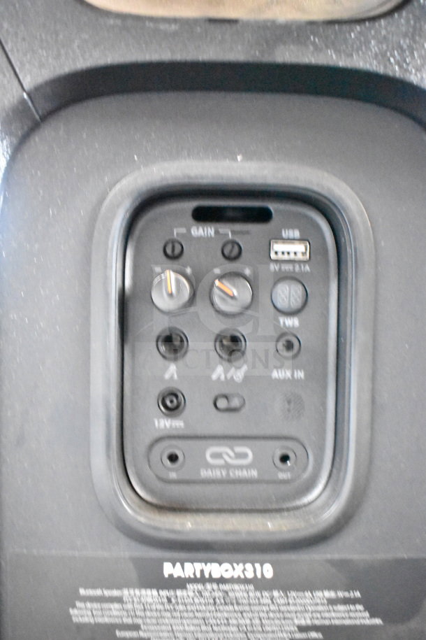 JBL Partybox 310 speaker control panel, showing gain, USB, AUX inputs, and daisy chain connectors.