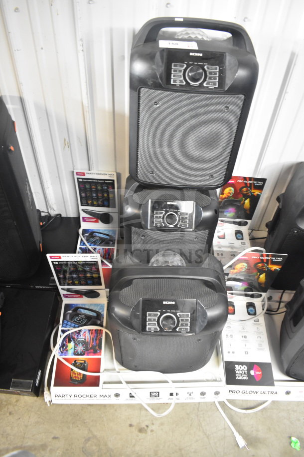 5 Ion Party Rocker Max speakers, stacked display, includes original packaging, great condition, model features visible.