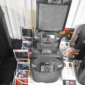 5 Ion Party Rocker Max speakers, stacked display, includes original packaging, great condition, model features visible.