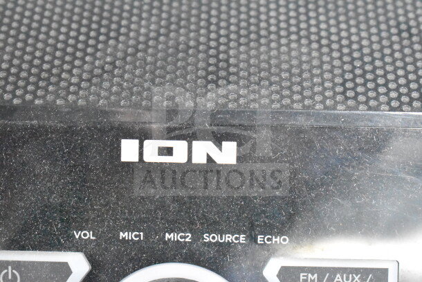 ION Party Rocker Max speaker close-up, displaying volume, mic, source, and echo controls. Brand logo visible.