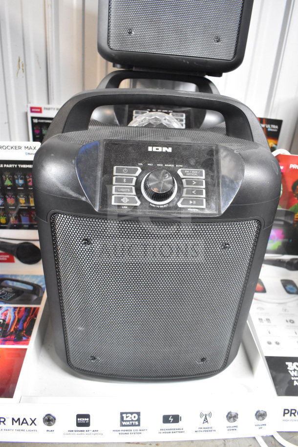 Ion Party Rocker Max Speaker on display, features include 120 watts, Bluetooth, 15-hour battery. In-store display condition.