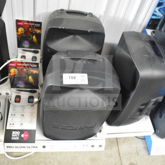 Three Ion Pro Glow Ultra speakers, 300-watt audio, store display, labeled "159 QTY x3," includes product brochures.