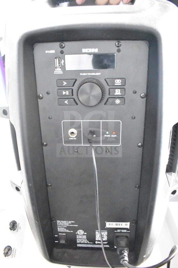 Ion speaker with control panel, inputs for USB and mic, power indicators, and model details. Good condition.