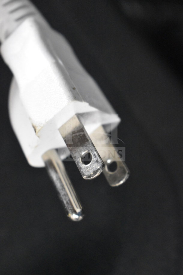 White electrical plug with three metal prongs, close-up detail, suitable for Ion speaker display usage.