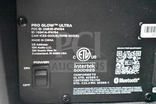 ION Audio Pro Glow Ultra speaker label showing model, FCC ID, certifications, and Bluetooth logo.