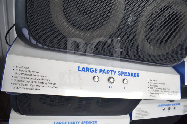 Onn Large Party Speaker display featuring Bluetooth, 640W power, 12-hour playtime, LED effects, water-resistant.