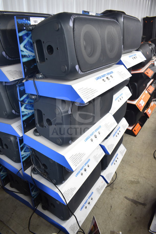 Onn Large Party Speakers display, featuring stacked units in original packaging. Bluetooth connectivity, brand new condition.