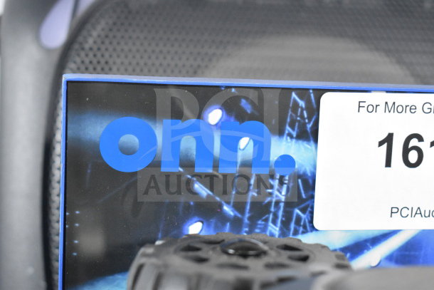 Onn large party speaker store display, features bold "onn" branding and futuristic background design.