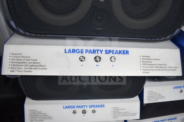 Onn Large Party Speaker with Bluetooth, 640W peak power, 12-hour playtime, IPX4 water-resistant, multicolor LED lights, party sync.